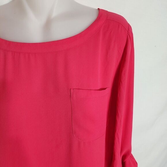 Ann Taylor Loft Womens Blouse Small Pink Long Rolled Tab Sleeves Pocket Tunic - Picture 3 of 8